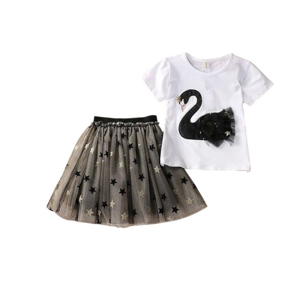 White Swan Star T-shirt and Skirt Two-piece Set for Girls