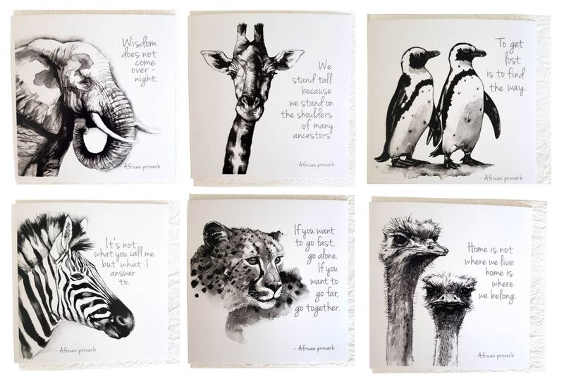 Animal African Blank Square Greeting Card with Proverb - Pack A (set of 6)