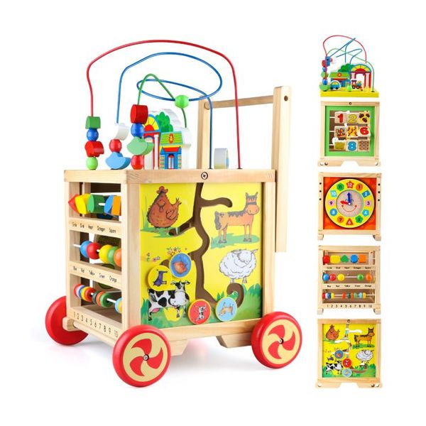 Kids Wooden Learning Cube with Bead Maze and Shape Sorter