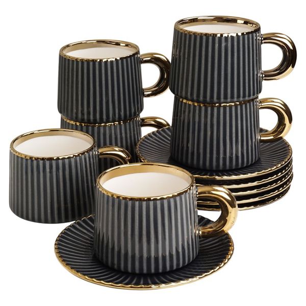 6-Piece Ceramic Cup and Saucer Set - Grey