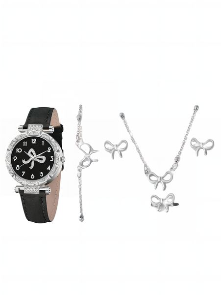 6-Piece Women's elegant Simple Bow Pattern Dial Quartz Watch + Jewelry Set