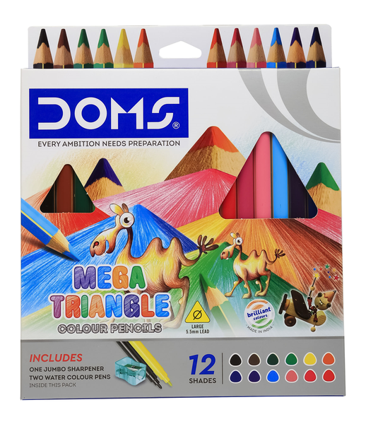 Doms Mega Triangle Colouring Pencils 12 Pc + Sharp + 2 Pens