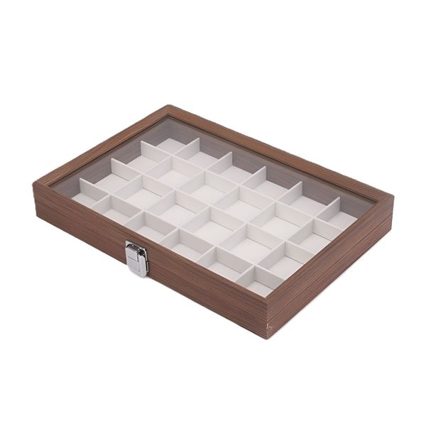 24 Slots Portable Wood Jewelry Rings &amp; Earrings Box with Glass Lid - Brown