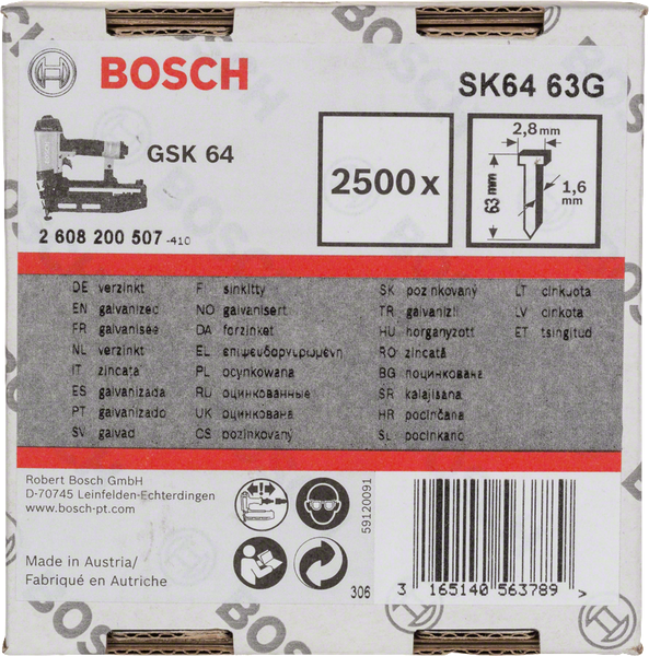 Nails For GSK64 63G 1,6 mm, 63 mm, Galvanised, 2500 Piece