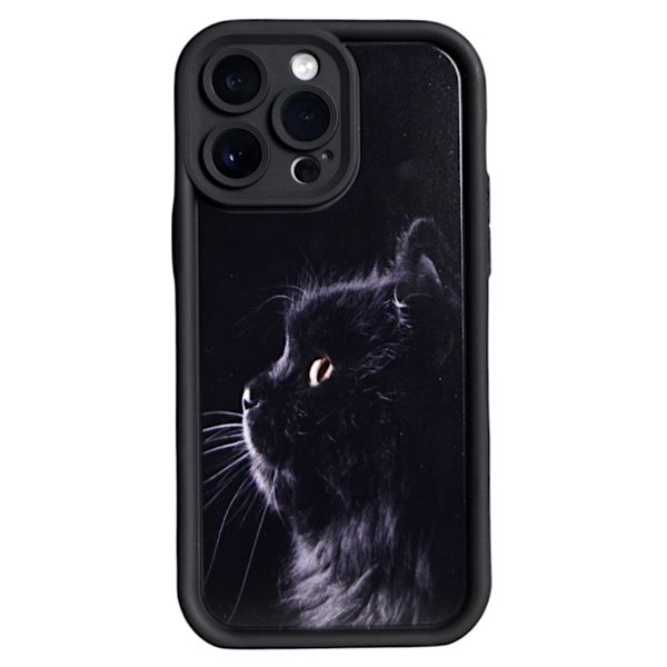 Black - Phone Case with Bubble Edge and Fluffy Cat - Iphone 14 Pro Max
