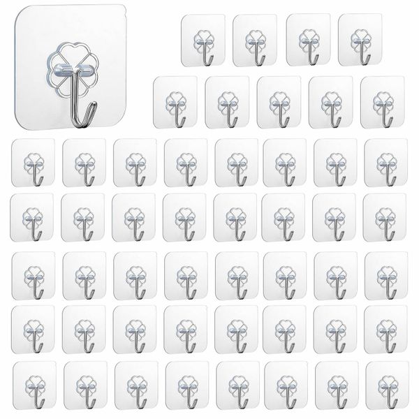 50 Pieces Adhesive Hooks, Heavy-Duty Transparent Wall Hooks