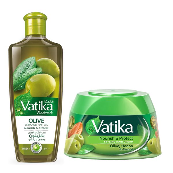 Vatika Olive Oil 200ml with Vatika Olive &amp; Almond Styling Cream 140ml Combo