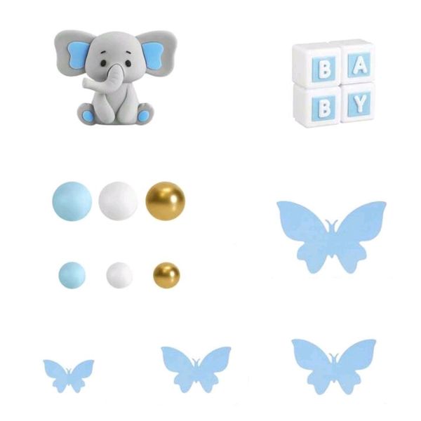 Adorable Elephant &amp; Butterfly Topper Set - Blue &amp; Gold Theme - 32 Piece