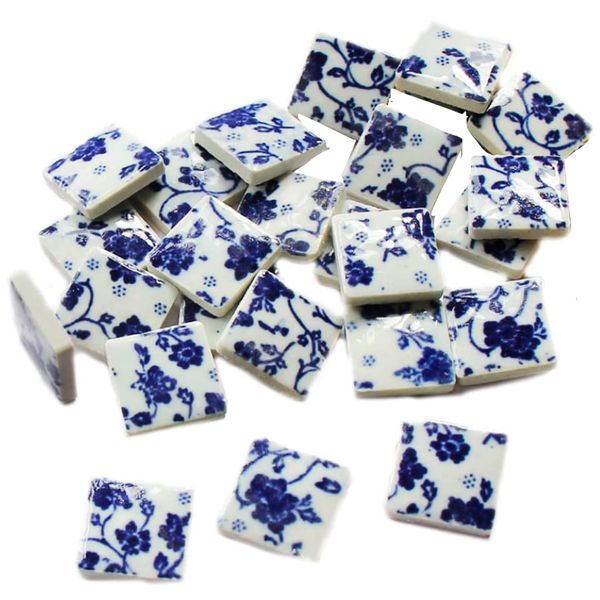 Craft Multifunctional Blue, White Flower Ceramic Patch Mosaic Tiles (100g)