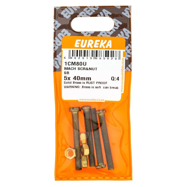 EUREKA Machine Screw &amp; Nut Solid Brass 5 x 40mm Q:4 1CM80U