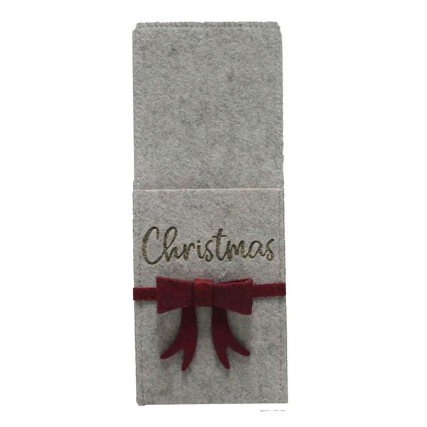 4PC Cutlery Bag Grey with Red Bow 115x303x15mm Felt - Elegant Festive Look