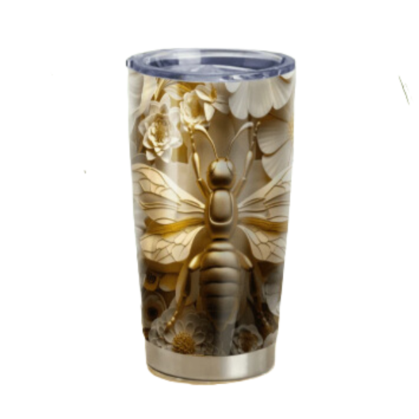 20Oz Stainless Steel Bee Travel Mug with Straw Set