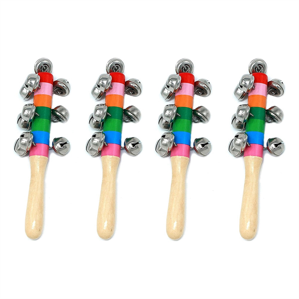 4 Pcs Hand Jingle Bells, Wooden Bells Jingle Shaker Children Musical