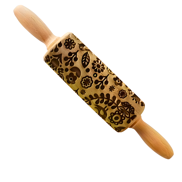 Bestby - Embossed Beech Wood Rolling Pin with 3D Bird &amp; Floral Pattern