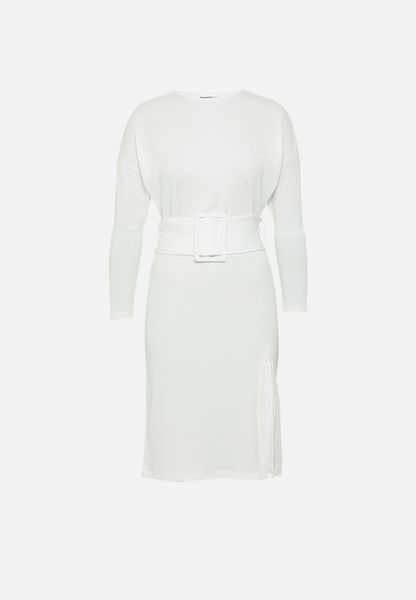 Women's Glamorous Petite Long Sleeve Belted Dress With Front Slit - White