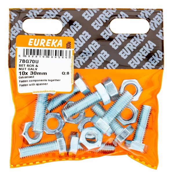EUREKA Set Screw &amp; Nut Galvanised 10 x 30mm Q:8 7BG70U