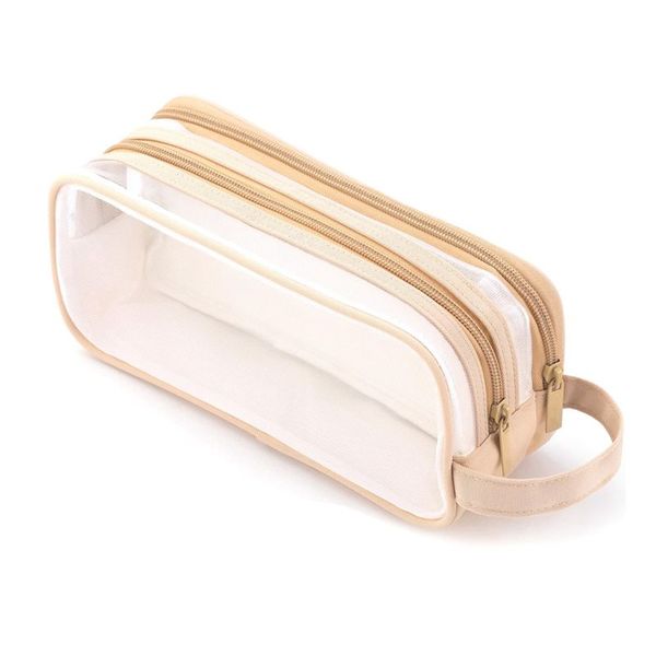 Grid Mesh Pencil Case 2 Compartment Pen Bags For Students Light Brown