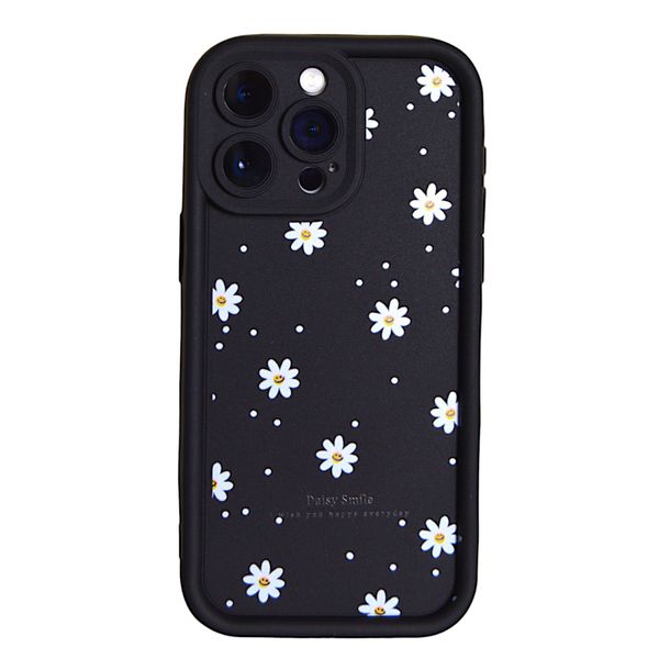 Black - Phone Case with Smiley White Flowers - Iphone 15 Pro Max
