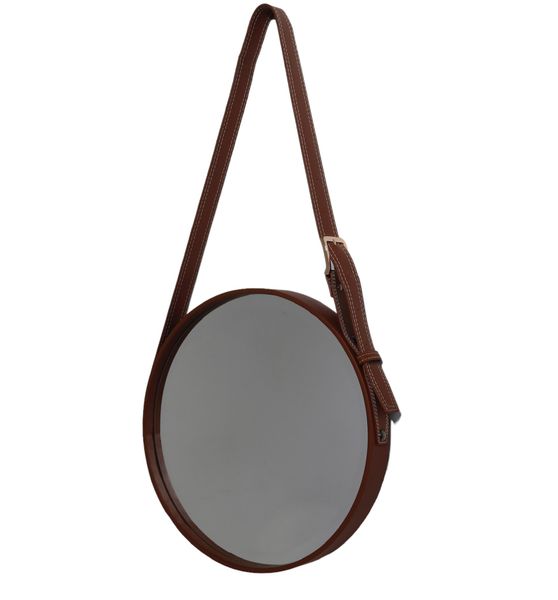 Round Hanging Brown Leather Framed Mirror