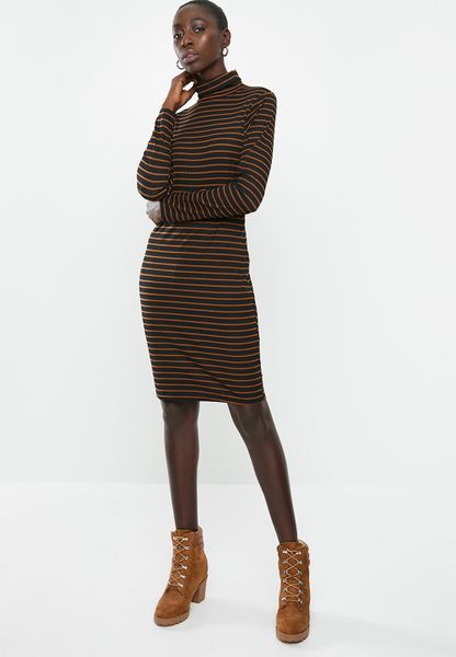 Women's Brave Soul Midi Roll Neck Rib Dress - Black/Brown