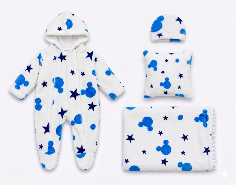 4-Piece Baby Set Featuring a Fleece Romper, Beanie, Blanket, and Pillow