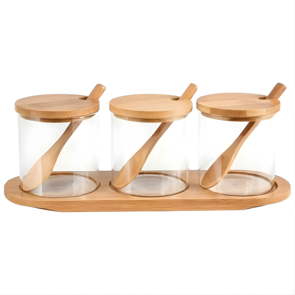 10 Piece - 340ml Glass Jar Set With Bamboo Lids &amp; Tray - Brown