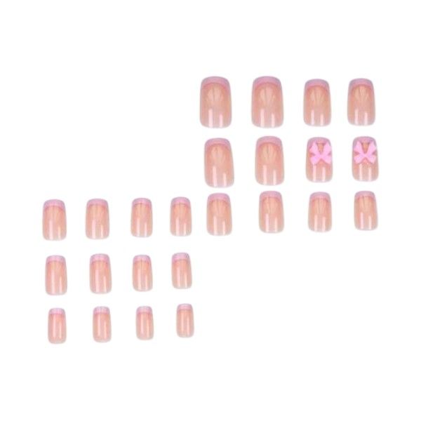 24 Piece - French Tip Short Square Press On Nails With 3D Bow Detail - Pink