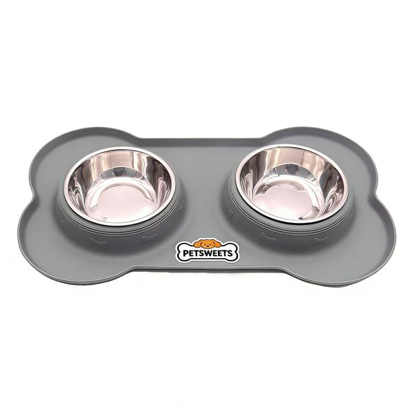 Grey Double Bowls Set with Non-Spill Silicone Mats Tray for Dogs &amp; Cats