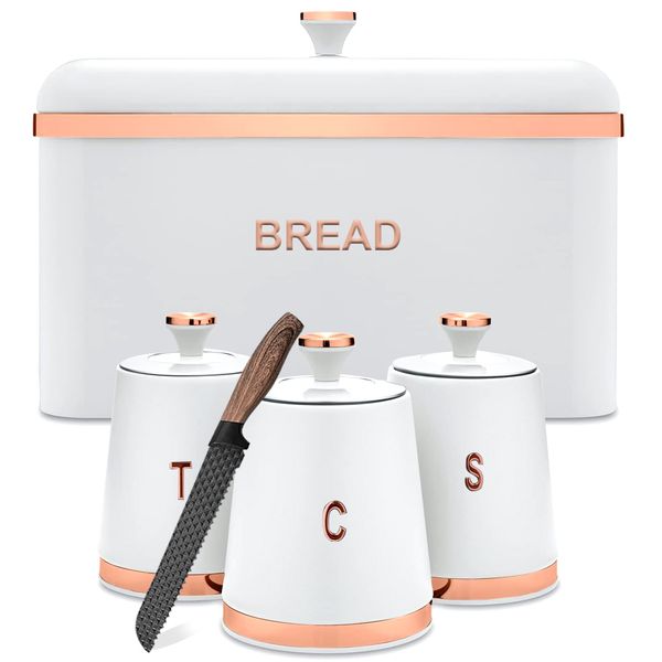 Set of Modern Bread Storage Canisters for Coffee/Sugar/Tea &amp; Bread Knife