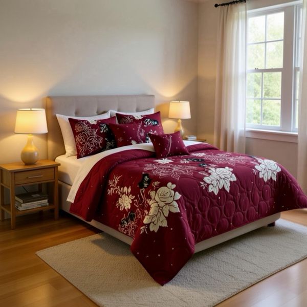 Elegant Burgundy Floral Quilt Set