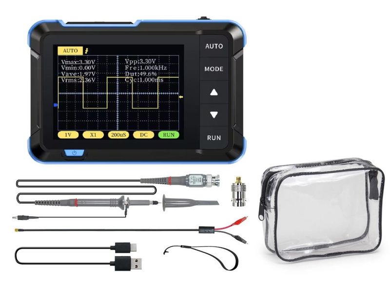 FNIRSI DSO152 Gold Mini Oscilloscope with Pouch &amp; x1x10 Oscilloscope Probe