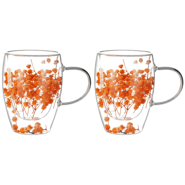 Dried Flower Double-Layer Mug - Transparent/Orange - 350ml - 2 Pack