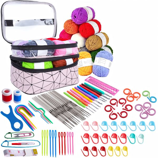 Adult and Child Beginner Portable Beginner Crochet Set - Pink - 105 Pieces