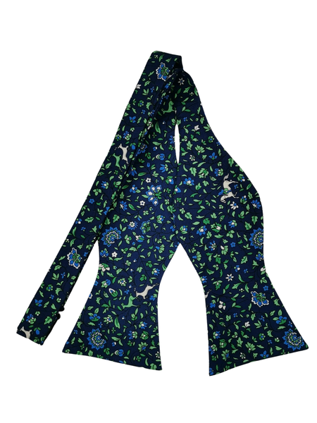 100% Silk Premium Bowtie - Blue/Green Floral Nature Design