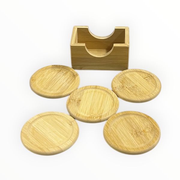 5 round Bamboo drink Coasters Set with Holder
