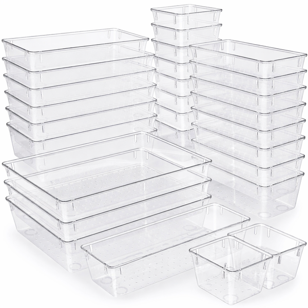 Various Sizes Clear Plastic Drawer Organizer Set - 25 Pieces