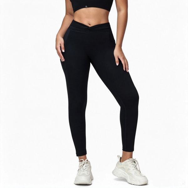 Contour V-Cut Waist Yoga Leggings with Front Knot Detail - Side Pockets