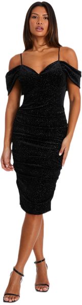 Quiz - Women Black Velvet Glitter Cold Shoulder Midi Dress