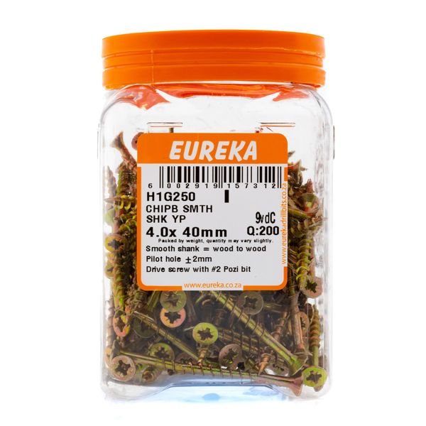 EUREKA Chipboard Screws Smooth Shank Yellow Zinc 4 x 40mm Q:200 H1G250