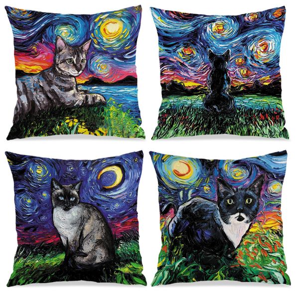 Set of 4 Abstract Cat Printed 45x45cm Polyester Cushion Cover Pillowcase