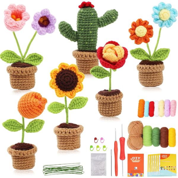 Complete Crochet Kit for Beginners - 6 Pcs Potted Plants