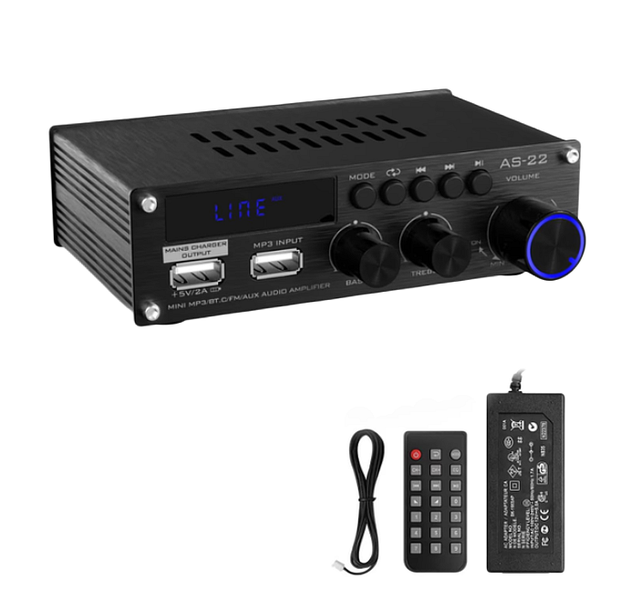 Audio Amplifier with Power Adapter and Remote Control, 300+300W, 50+50W RMS