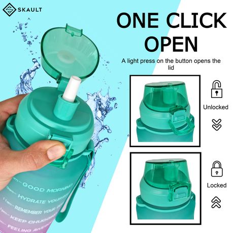 SKAULT - Large 2L Motivational Water Bottle Time Markers and Straw