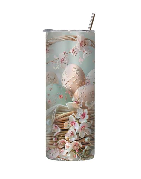 Blue Basket 20 Oz Tumbler with Lid Straw Trendy Easter Bunny Egg Graphic181