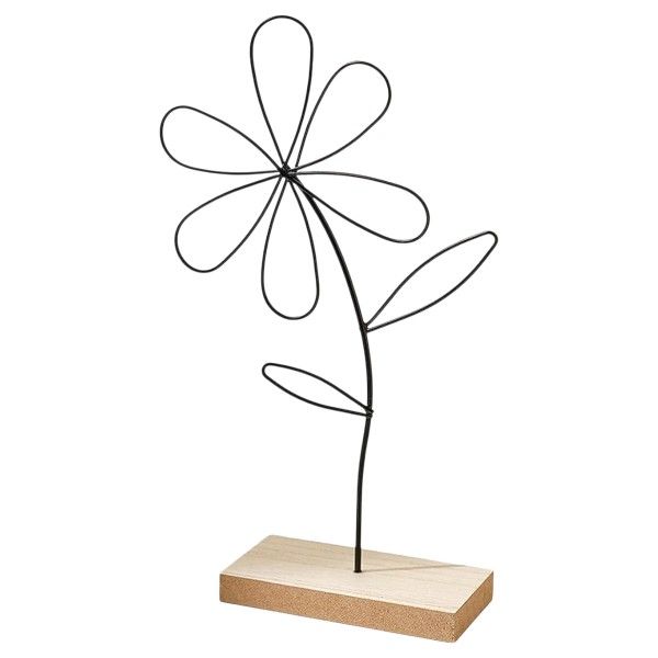 Minimalist Iron Flower Ornament with Wooden Base - Black