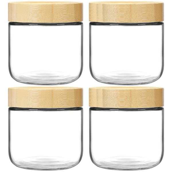 4 Pack Overnight Oat Jars Airtight Container Bamboo Lid Glass Storage-300ml