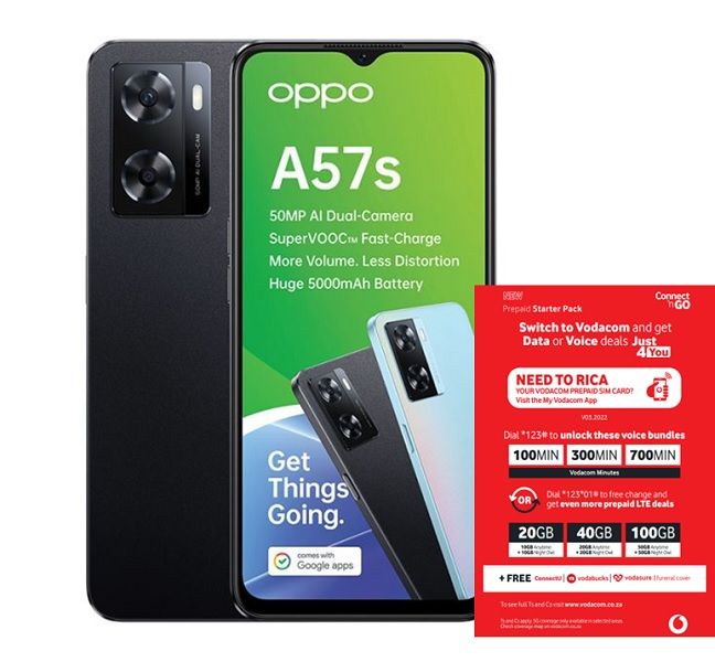 OPPO A57s 128GB Dual Sim - Starry Black + Vodacom Sim Card Pack