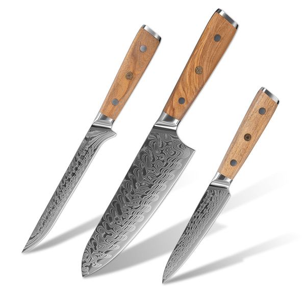 Lifespace Luxury Olive Wood Full Tang Damascus Chef Knife Set in Gift Box