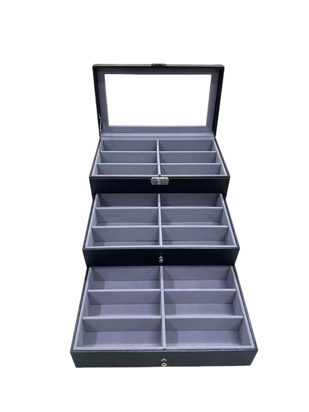 3-Layer, 18-Compartment Lockable Glasses Storage Box with Drawers
