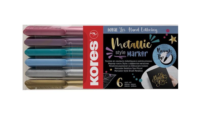 Kores Brush Tip Markers, Assorted Metallic Colours, Wallet of 6